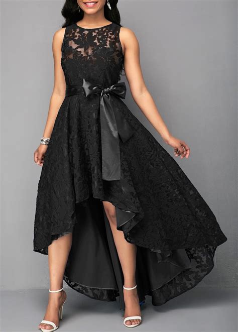 Sleeveless High Low Black Belted Lace Dress Usd 4604