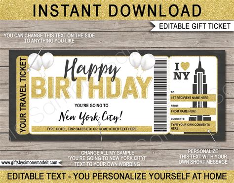 New York Ticket Template Gift Voucher Certificate Printable Etsy