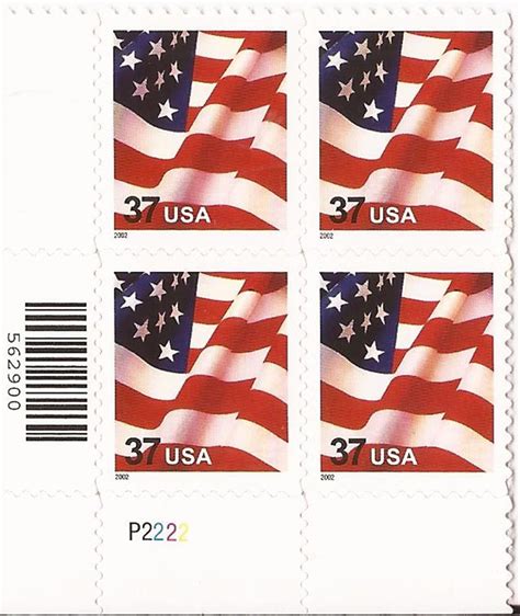 Us Stamp 2002 Wavy American Flag Plate Block Of 4 Stamps 3630