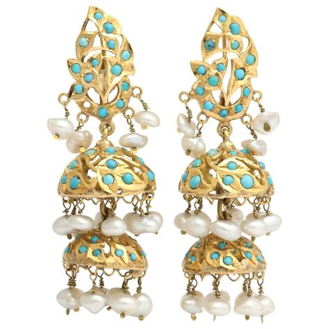 Turquoise Pearls Gold Tier Chandelier Earrings Antique Chandelier