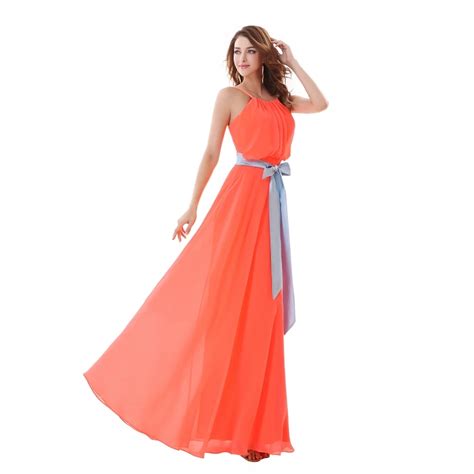Sexy Spaghetti Strap Coral Prom Dresses 2019 Belt Bow Formal A Line