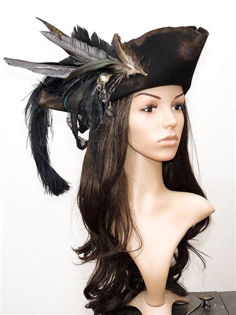 Pirate Bride Tricorn Captain Feathered Hat Black Etsy Pirate