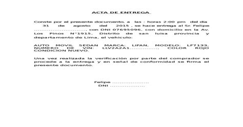 Modelo De Acta De Entrega De Vehiculo Pdf Document