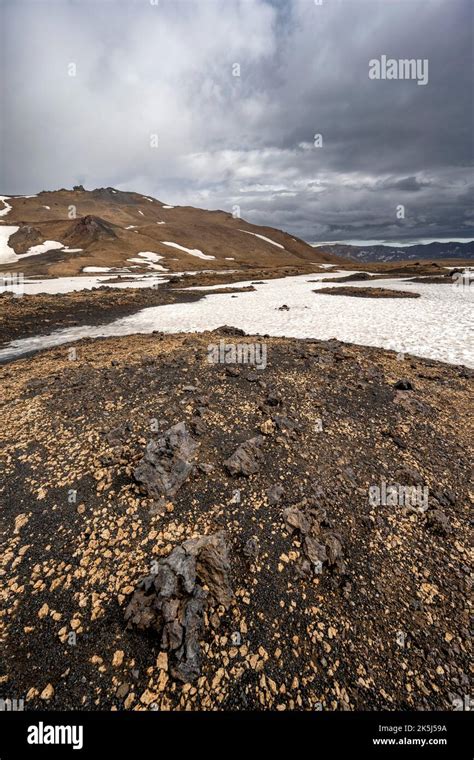Snow Covered Volcanic Landscape With Tuff And Petrified Lava Crater Of