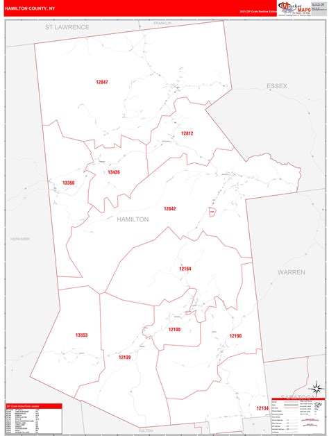 Hamilton County Ny Zip Code Wall Map Red Line Style By Marketmaps