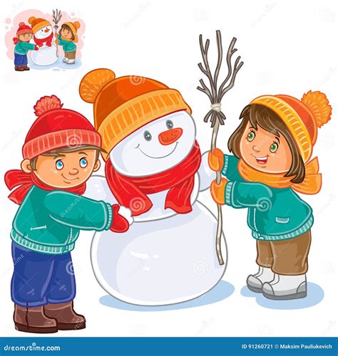 Vector Little Girl And Boy Making A Snowman Stock Vector Illustration