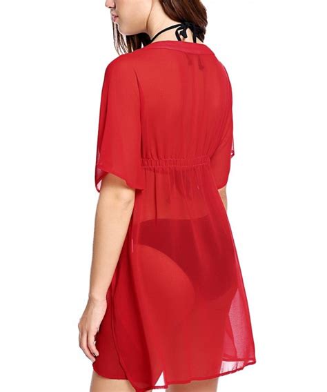 women sexy deep v neck sheer chiffon swimsuit cover up beachwear for summer rose red cy189kmrx0g