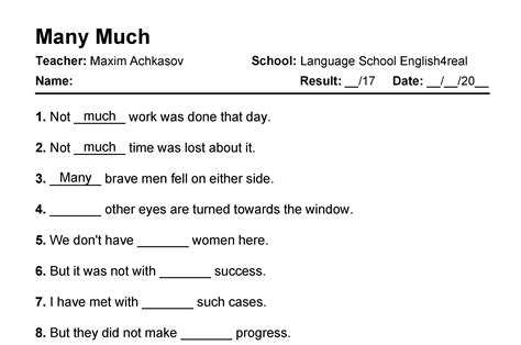 Many Vs Much English Grammar Fill In The Blanks Exercises With