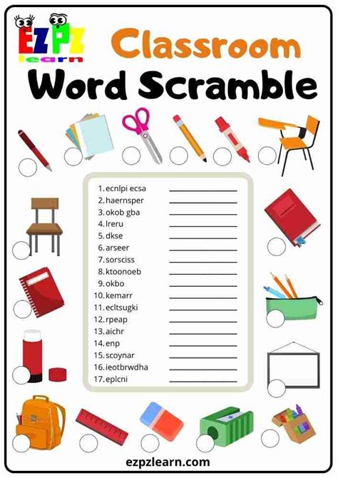 Free Printable English Game Word Scramble Topic Classroom Objects