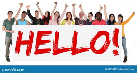Hello Sign Group Of Young Multi Ethnic People Holding Banner Stock