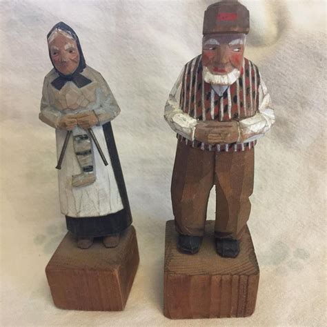 Vintage Folk Art Hand Carved Wood Old Man And Knitting Woman Sculptures