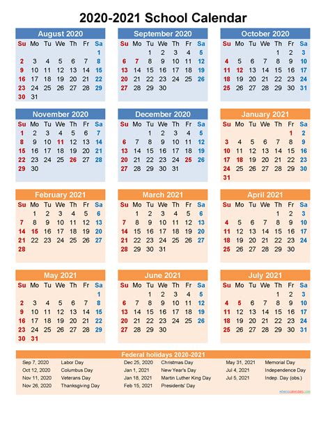 The calendar downloads are also compatible with google docs and open office. School Calendar 2020 and 2021 Printable (Portrait ...