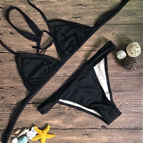 2017 New Solid Color Bikini Set Solid Bathing Suit Black Swimwear