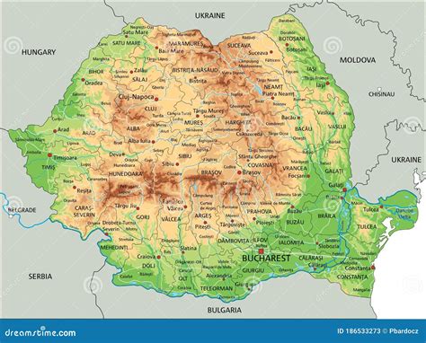 Mappa Fisica Romania Dettagliata Con Etichettatura Illustrazione