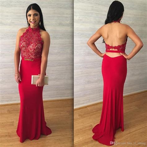 cheap 2017 red lace appliques prom dresses halter sleeveless hollow backless with belt sheath