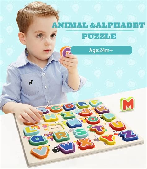 Top Bright Wooden Animal Alphabet Wooden Puzzle Letters Toy 120324