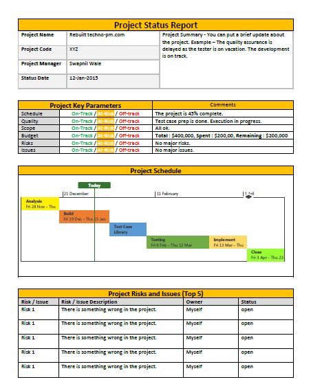 One Page Project Status Report Template A Weekly Status Report