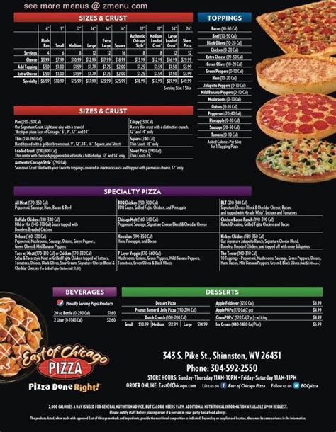 Online Menu Of East Of Chicago Pizza Restaurant Shinnston West