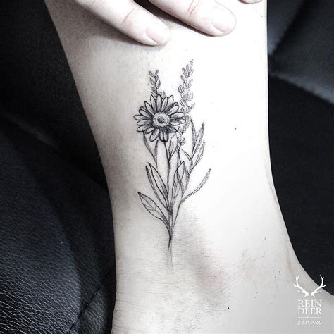 Grey Dotwork Small Daisy Tattoo On Ankle