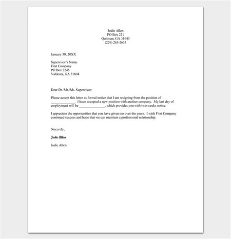 resignation letter template format sample letters