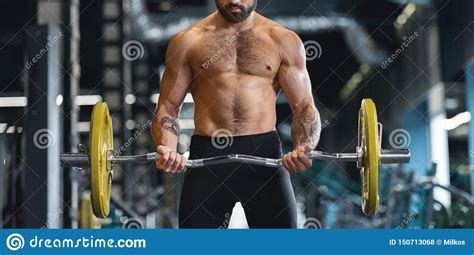 Muscular Man With Naked Torso Training Hard With Heavy Barbell Stock Photo Image Of Background