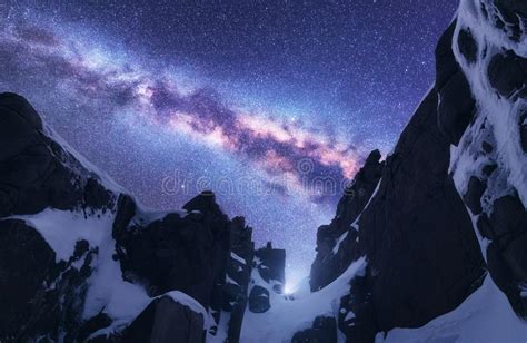 Milky Way And Snowy Mountains At Starry Night Stock Image Image Of