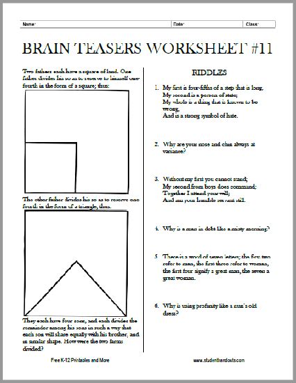 Brain Teasers Worksheet No 11 Student Handouts