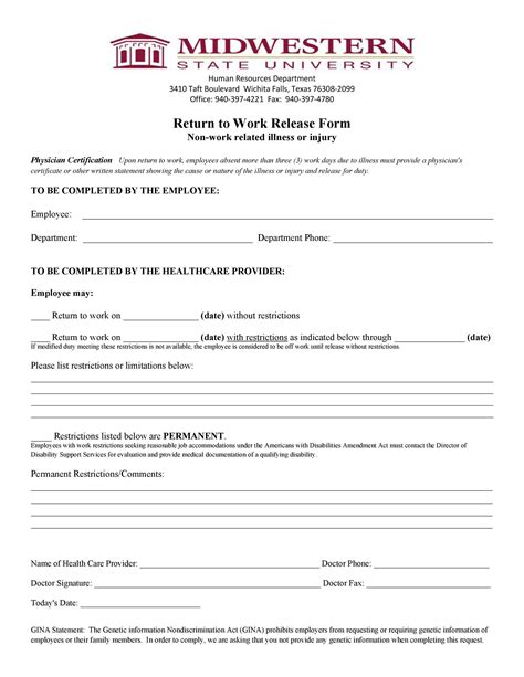Employer doctor release form to return to work : 49 Best Return To Work & Work Release Forms ᐅ TemplateLab