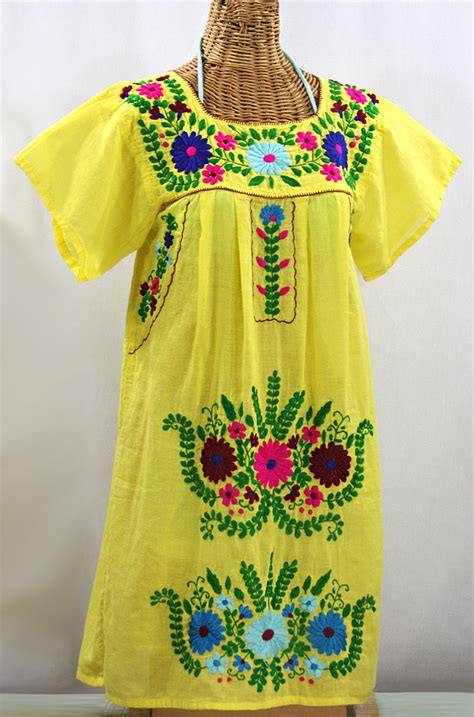 La Poblana Open Sleeve Embroidered Mexican Dress Yellow Multi