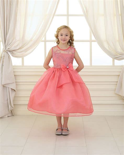 Girls Long Coral Lace Bodice Dress With Bow By Calla Kd2461 Coral Flower Girl Dresses Lace