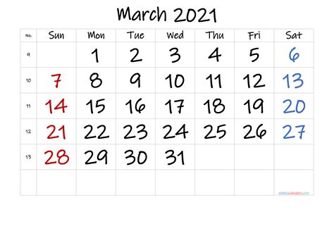 March 2021 Printable Calendar With Week Numbers Free Premium