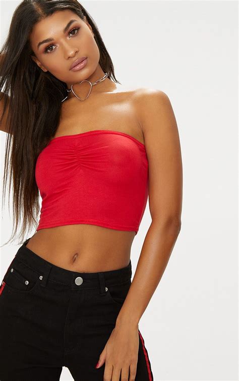 Red Ruched Front Bandeau Crop Top Long Sleeve Crop Top