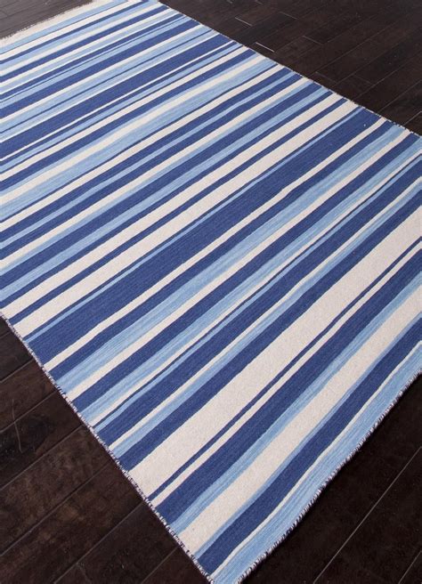 Deep Navy Light Blue And White Striped Dhurrie Area Rug Rugs