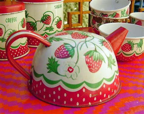 Vintage Strawberry Motif Tin Tea Set Toy By Wolverine 9 Etsy