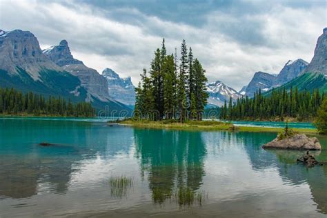 Canada Forest Landscape Of Spirit Island With Big Mountain In The