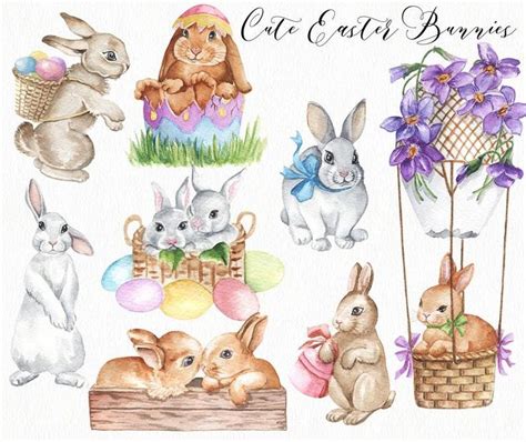 Watercolor Spring Easter Clipart Easter Cute Rabbit Vintage Etsy In