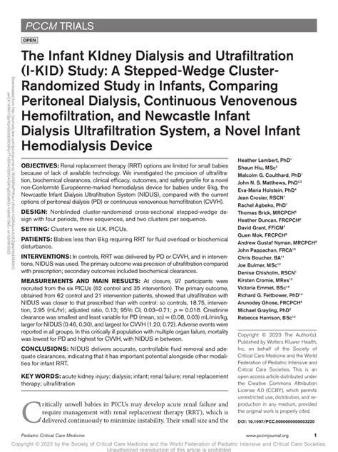 Pdf The Infant Kidney Dialysis And Utrafiltration I Kid Study A Stepped Wedge Cluster