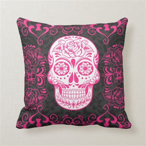 Hot Pink Black Sugar Skull Roses Gothic Pillow
