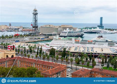 Aerial View Of Barcelona Cruise Port Terminals With Docked Cruise Ships