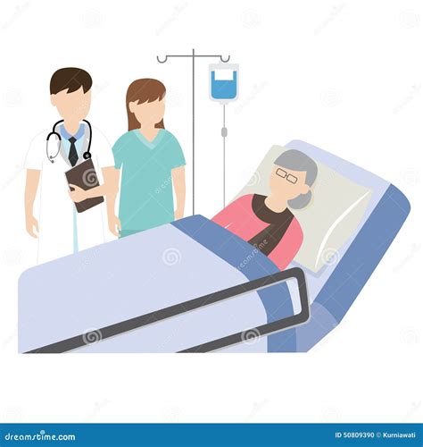 Old Patient In Hospital Bed With Doctor And Nurse Vector Illustration