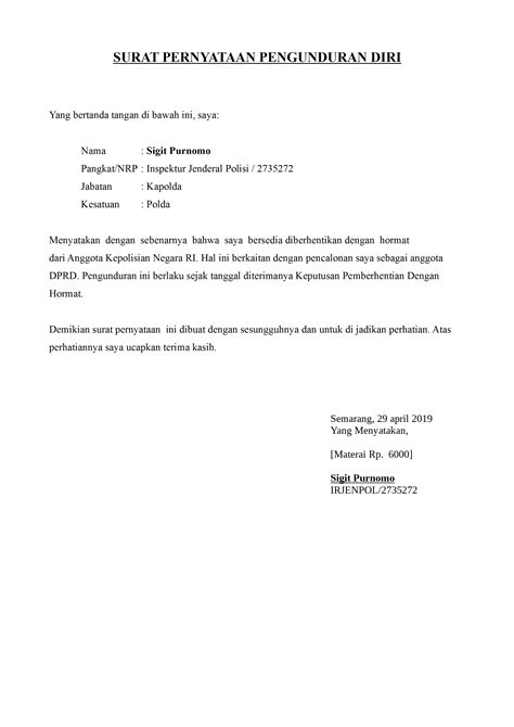 Semoga perusahaan yang bapak/ibu pimpin dapat semakin berkembang lagi. Contoh Surat Pengunduran Diri Anggota Polisi Dan TNI ...