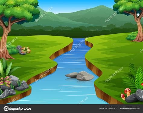 River Cartoons Middle Beautiful Natural Scenery Stock Vector