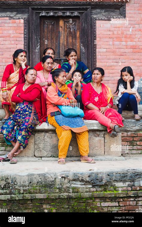 kathmandu nepal aug 17 2018 hindu nepali women with traditional attire watching festival