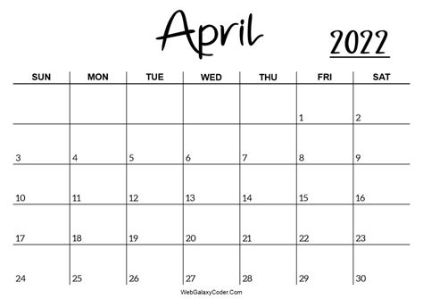 April 2022 Calendar Template Printable Print Now 20 April 2022
