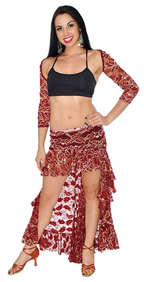 Lace Belly Dance Skirt And Shrug Costume Set Burgundy Gold