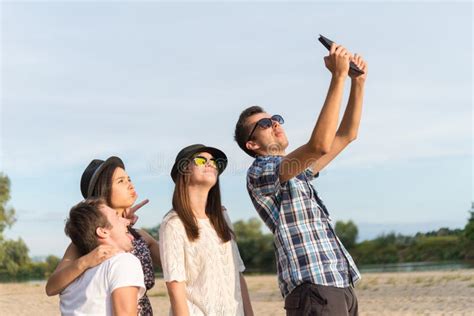 Group Of Young Adult Friends Taking Selfie Stock Image Image Of Girl