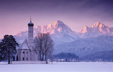 Обои зима снег деревья горы рассвет утро Германия Бавария Альпы церковь germany
