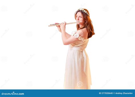 Woman Musician Stands With A Flute Isolated On A White Background Stock Photo Image Of
