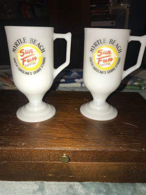 Vintage Tall Milk Glass Mugs. Myrtle Beach Souvenir Mugs. Myrtle Beach