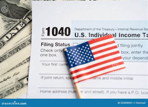 Tax Return Form With Usa America Flag And Dollar Banknote U S